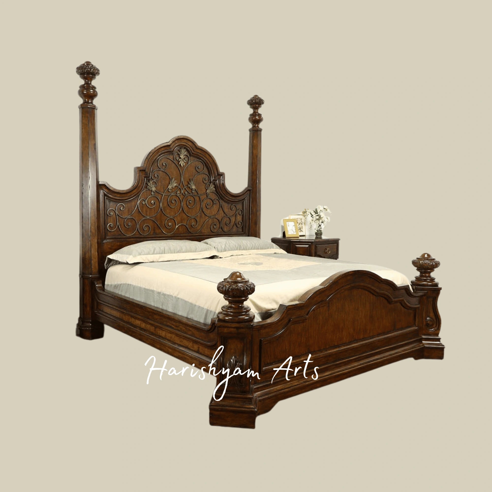 Antique King Size Wooden Bed Hand Carved Royal Design
