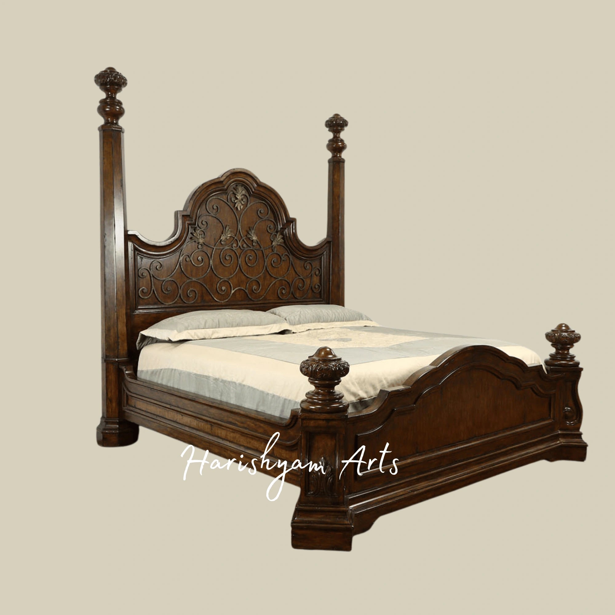 Antique King Size Wooden Bed Hand Carved Royal Design