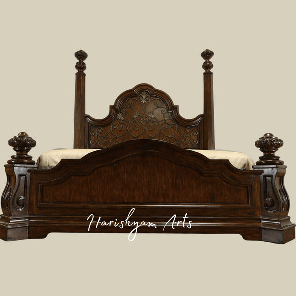 Antique King Size Wooden Bed Hand Carved Royal Design
