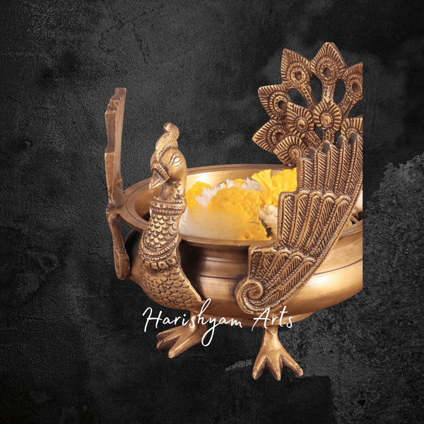 Antique Look Brass Urli with Peacock Design for Ethnic Corner Display