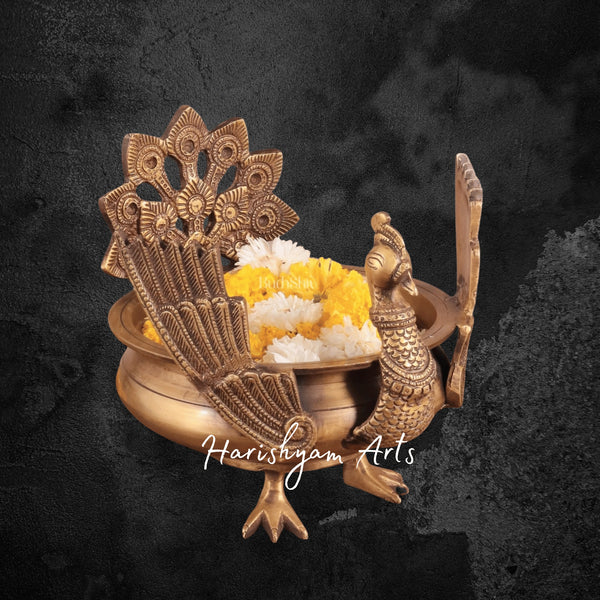 Antique Look Brass Urli with Peacock Design for Ethnic Corner Display