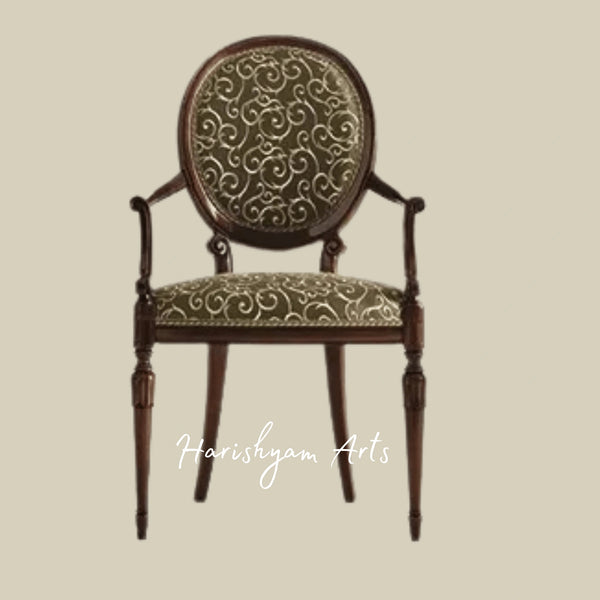 Antique Style Wooden Dining Chair with Upholstered Round Back, Cushioned Seat, and Handcrafted Carved Arms