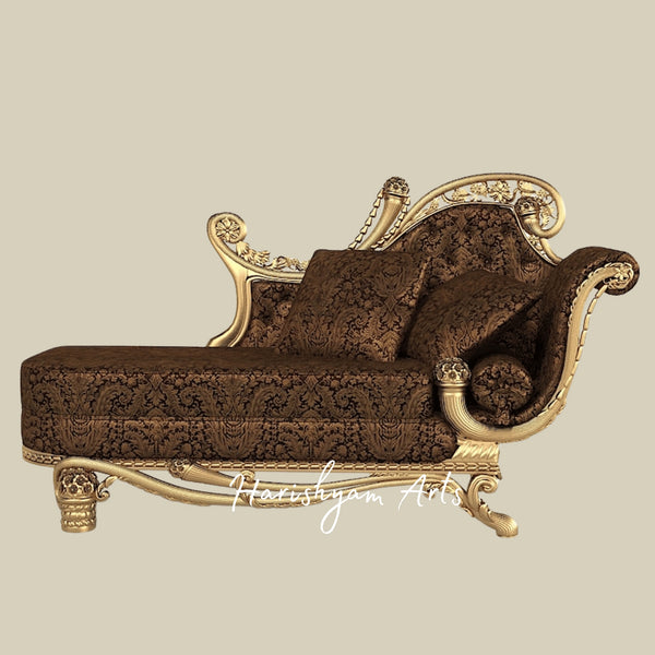 Antique Victorian Style Wooden Chaise with Handcrafted Carvings, Curved Armrest, and Premium Plush UpholsteryC