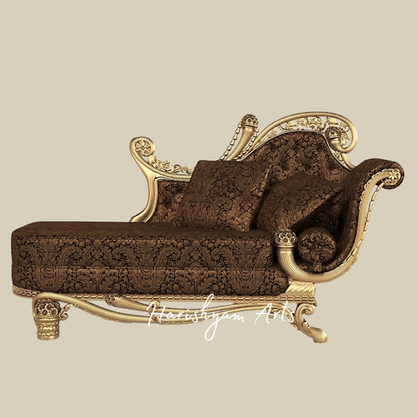 Antique Victorian Style Wooden Chaise with Handcrafted Carvings, Curved Armrest, and Premium Plush UpholsteryC