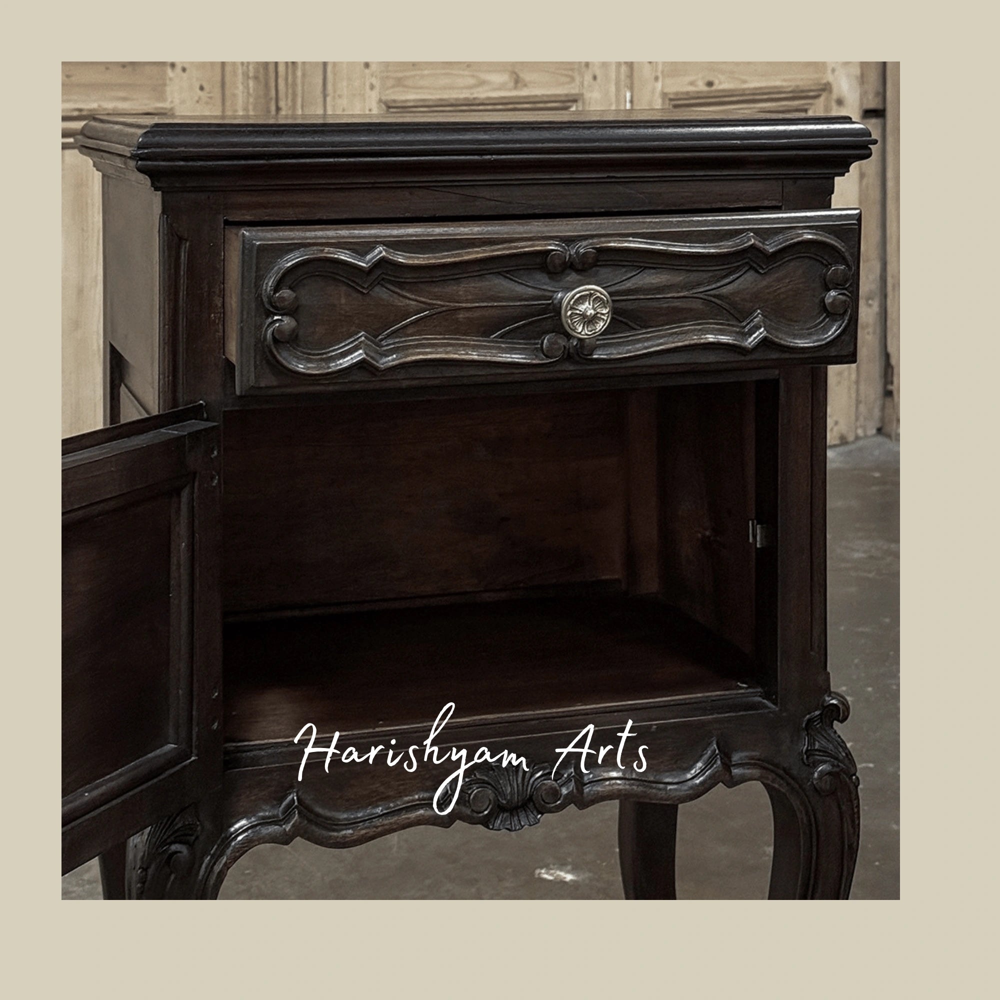 Antique Wooden Nightstand with Carved Legs and Vintage Bedside Table Storage