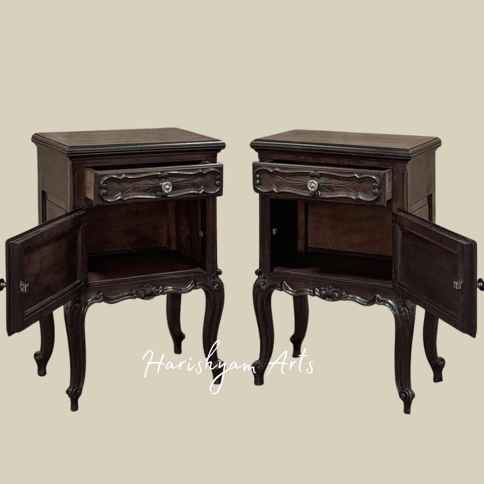 Antique Wooden Nightstand with Carved Legs and Vintage Bedside Table Storage