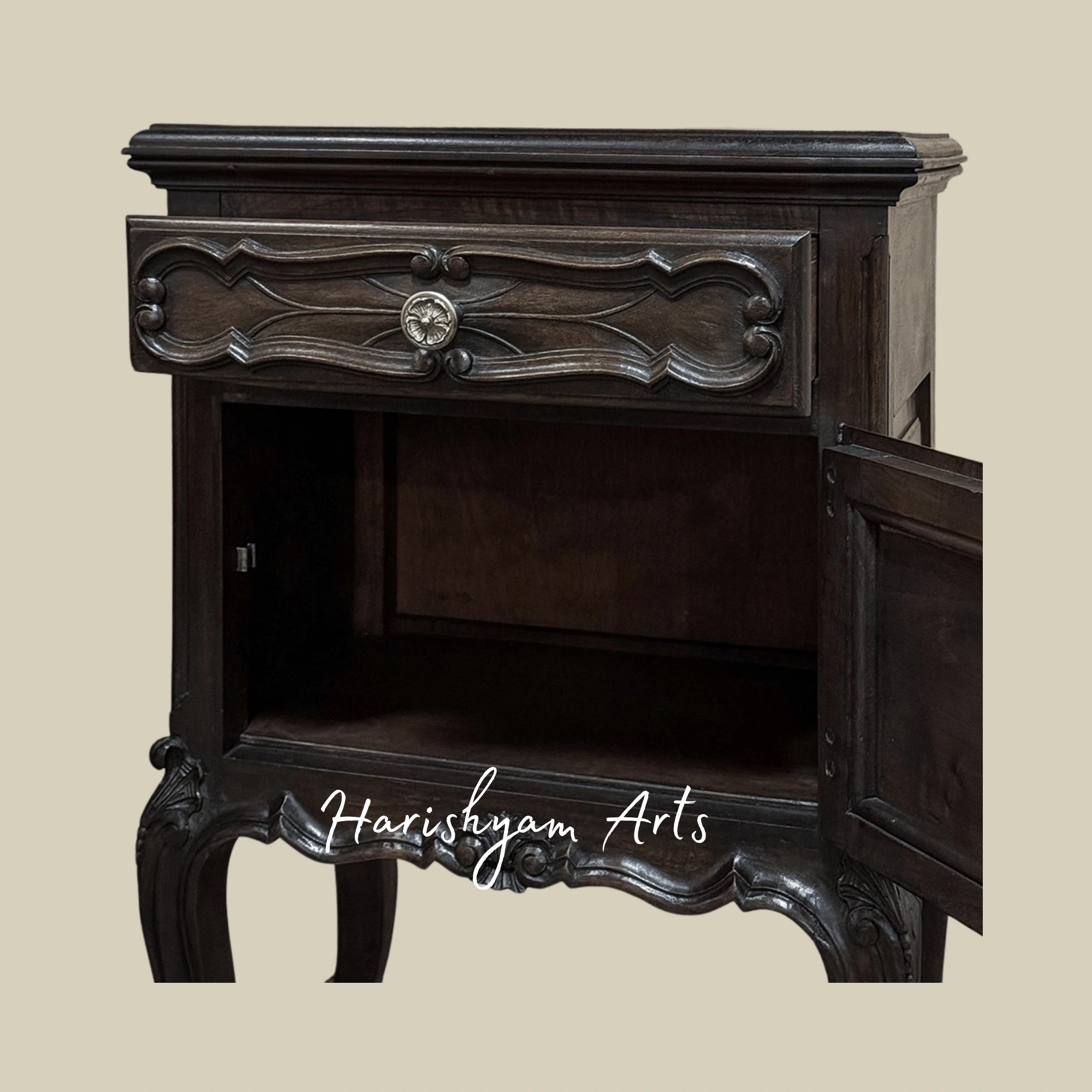 Antique Wooden Nightstand with Carved Legs and Vintage Bedside Table Storage