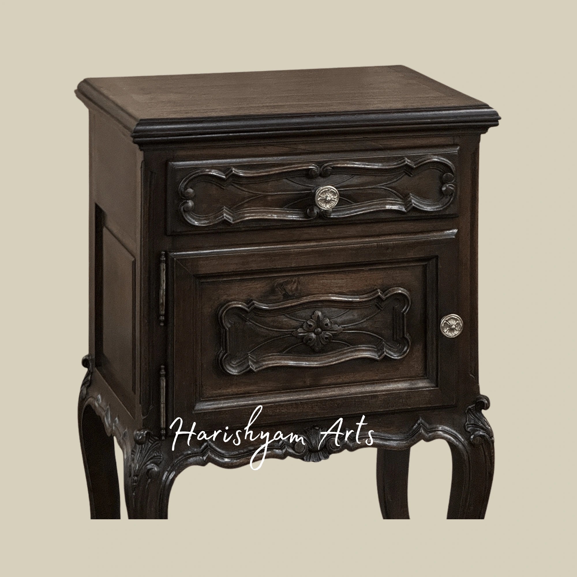 Antique Wooden Nightstand with Carved Legs and Vintage Bedside Table Storage