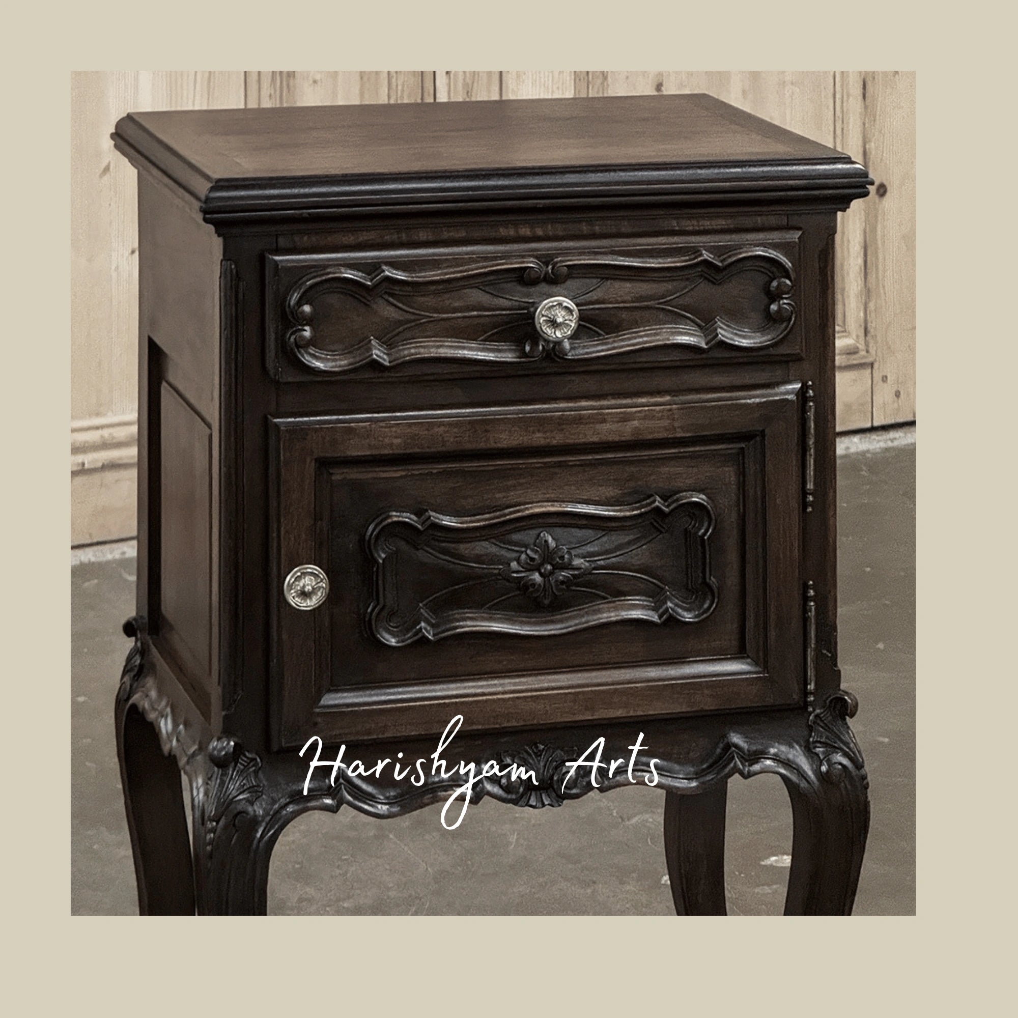 Antique Wooden Nightstand with Carved Legs and Vintage Bedside Table Storage