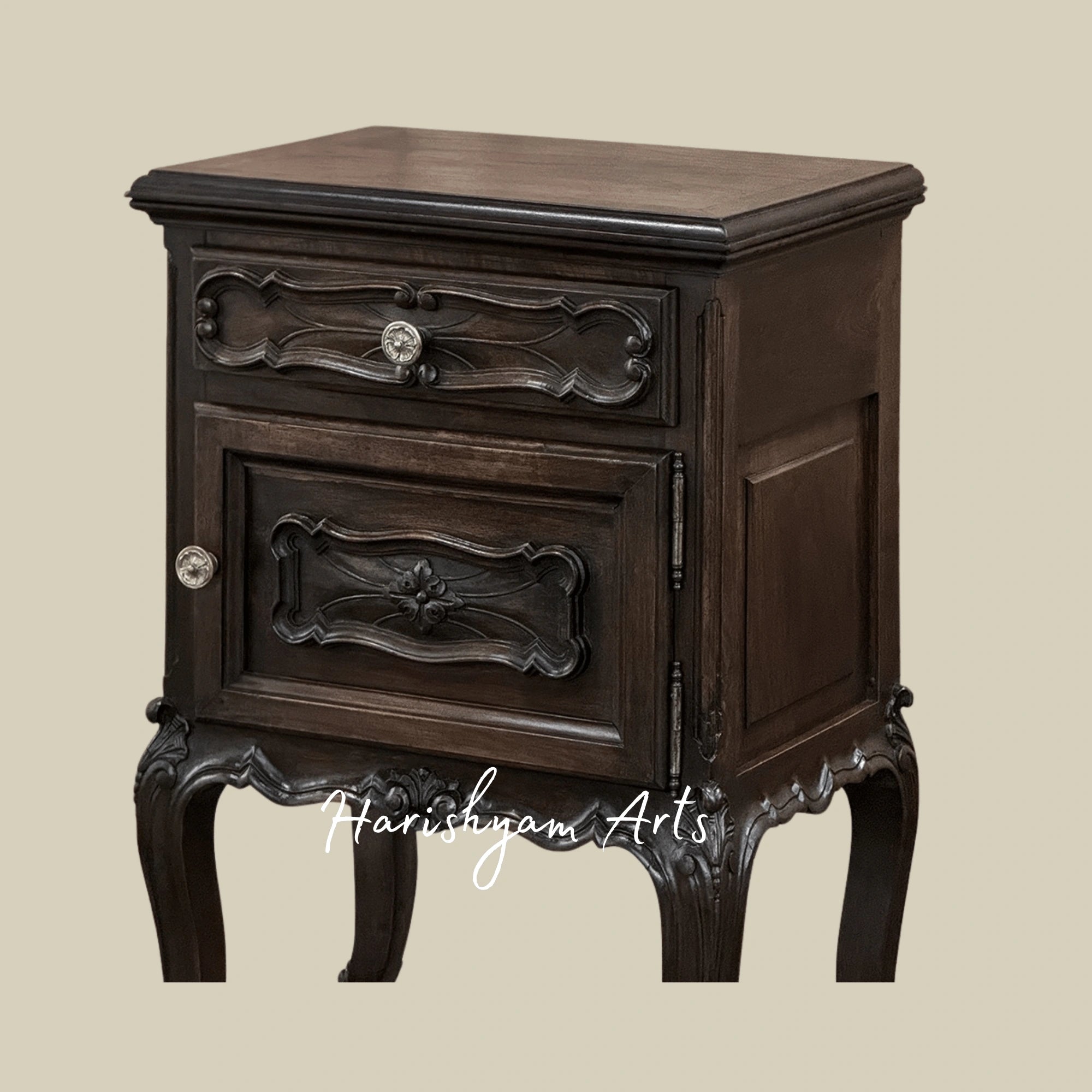 Antique Wooden Nightstand with Carved Legs and Vintage Bedside Table Storage