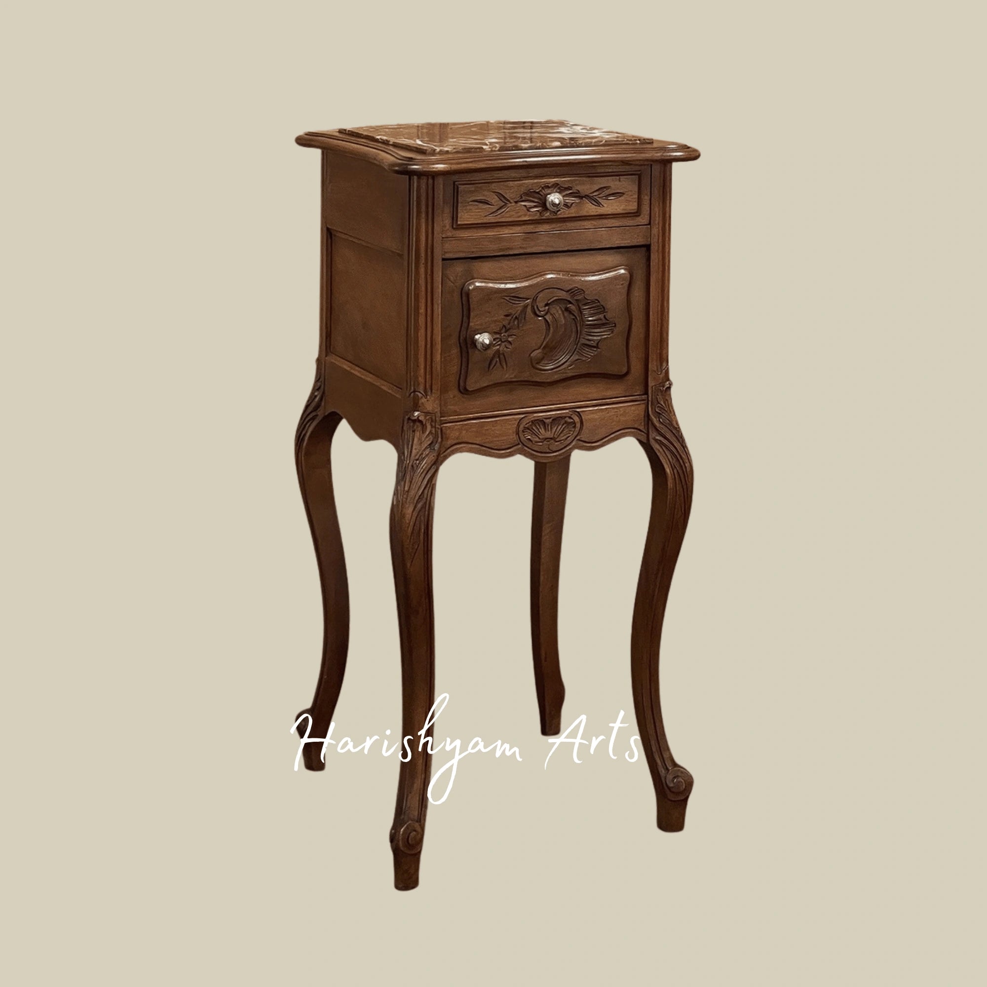 Antique Wooden Nightstand with Marble Top and Carved Details