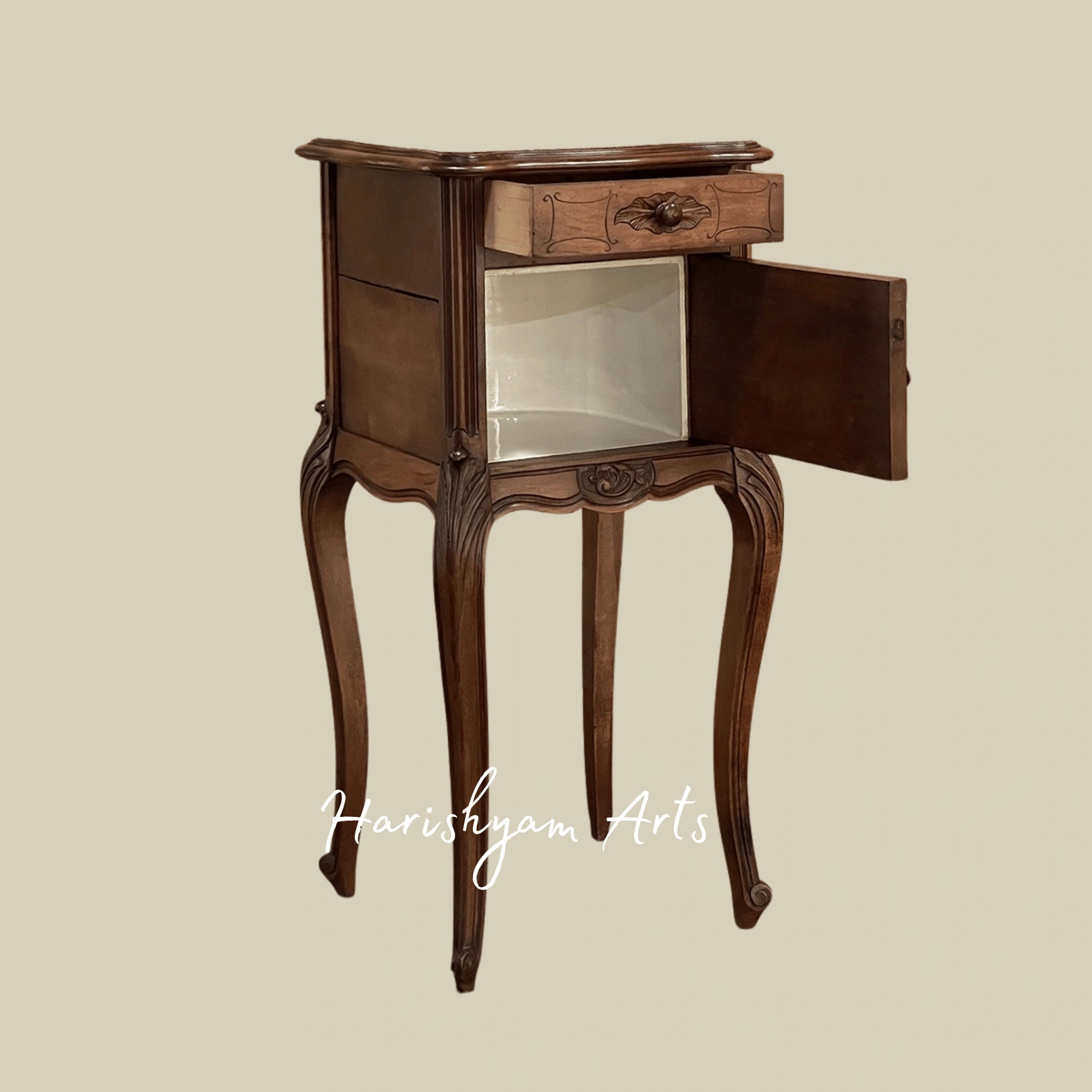 Antique Wooden Nightstand with Marble Top and Carved Details