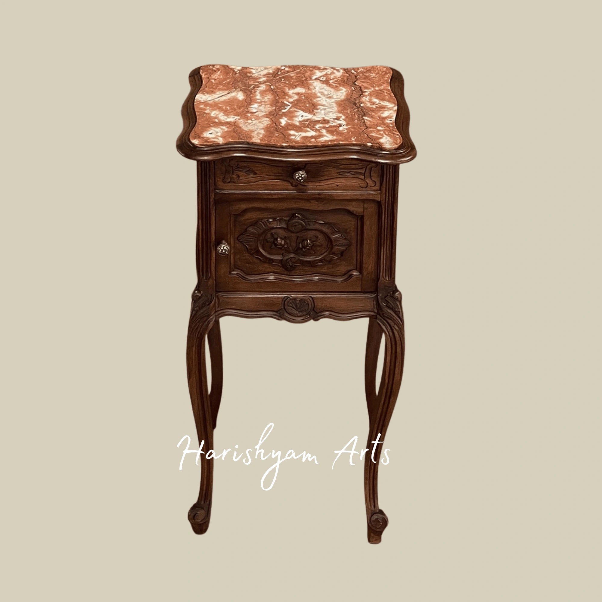 Antique Wooden Nightstand with Marble Top and Carved Details