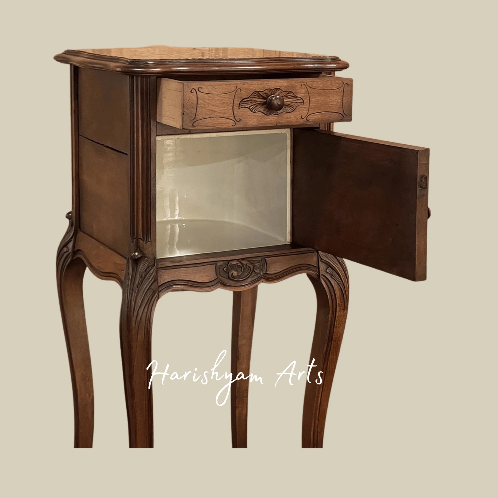 Antique Wooden Nightstand with Marble Top and Carved Details