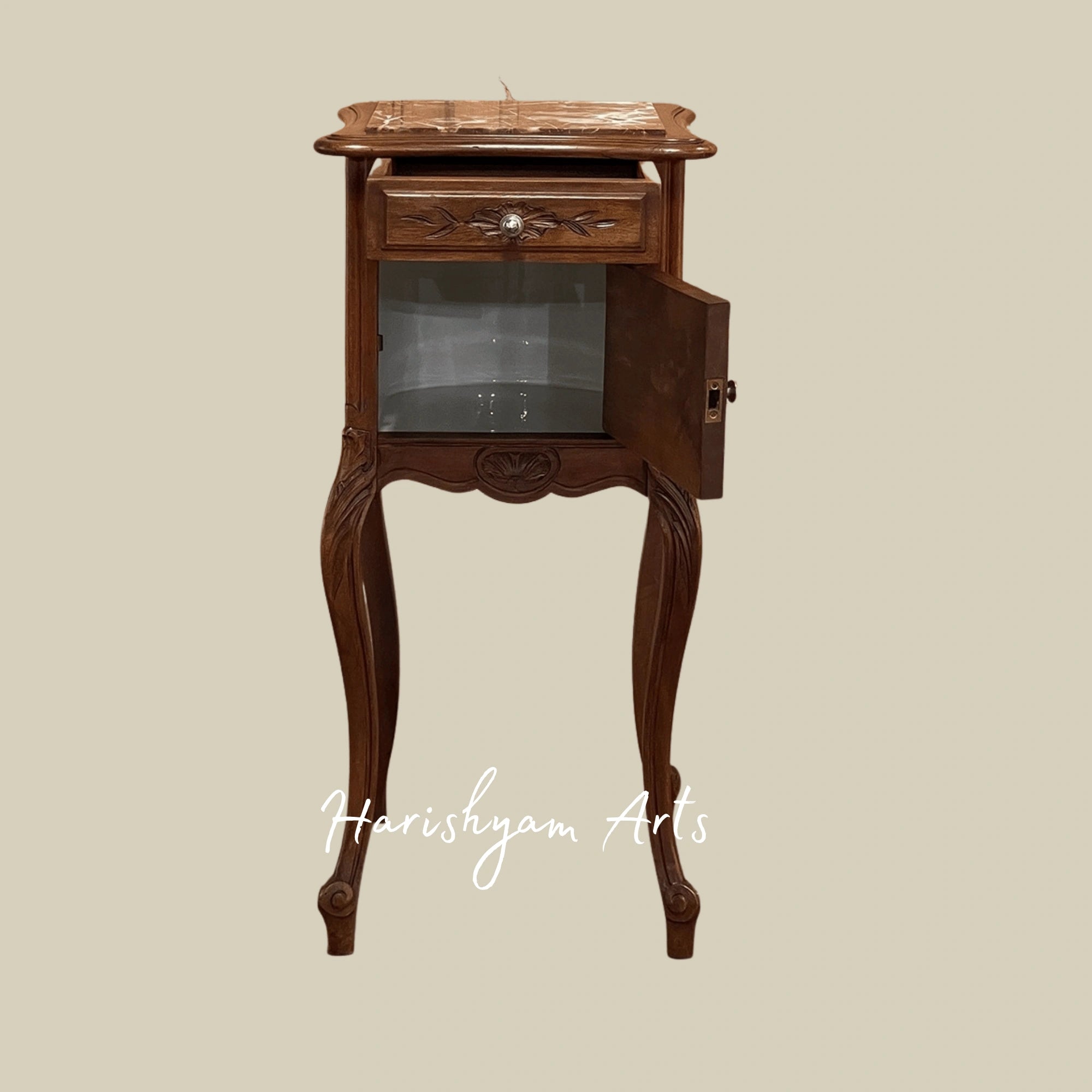 Antique Wooden Nightstand with Marble Top and Carved Details