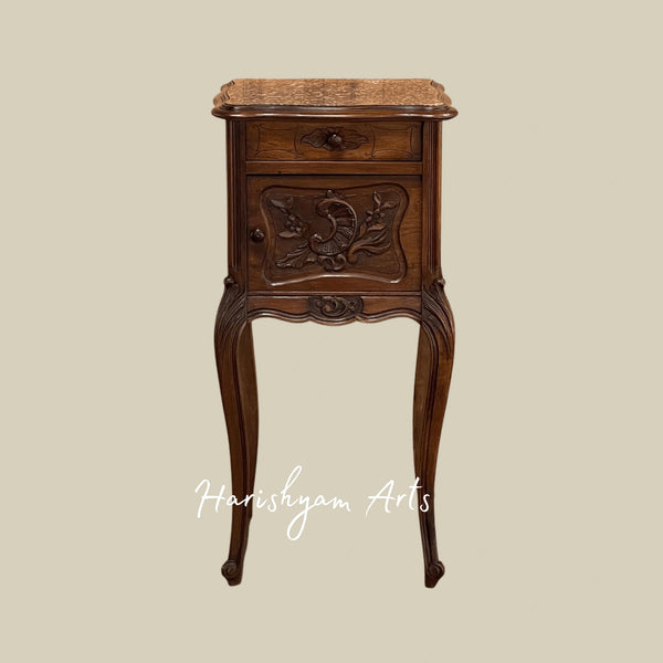Antique Wooden Nightstand with Marble Top and Carved Details
