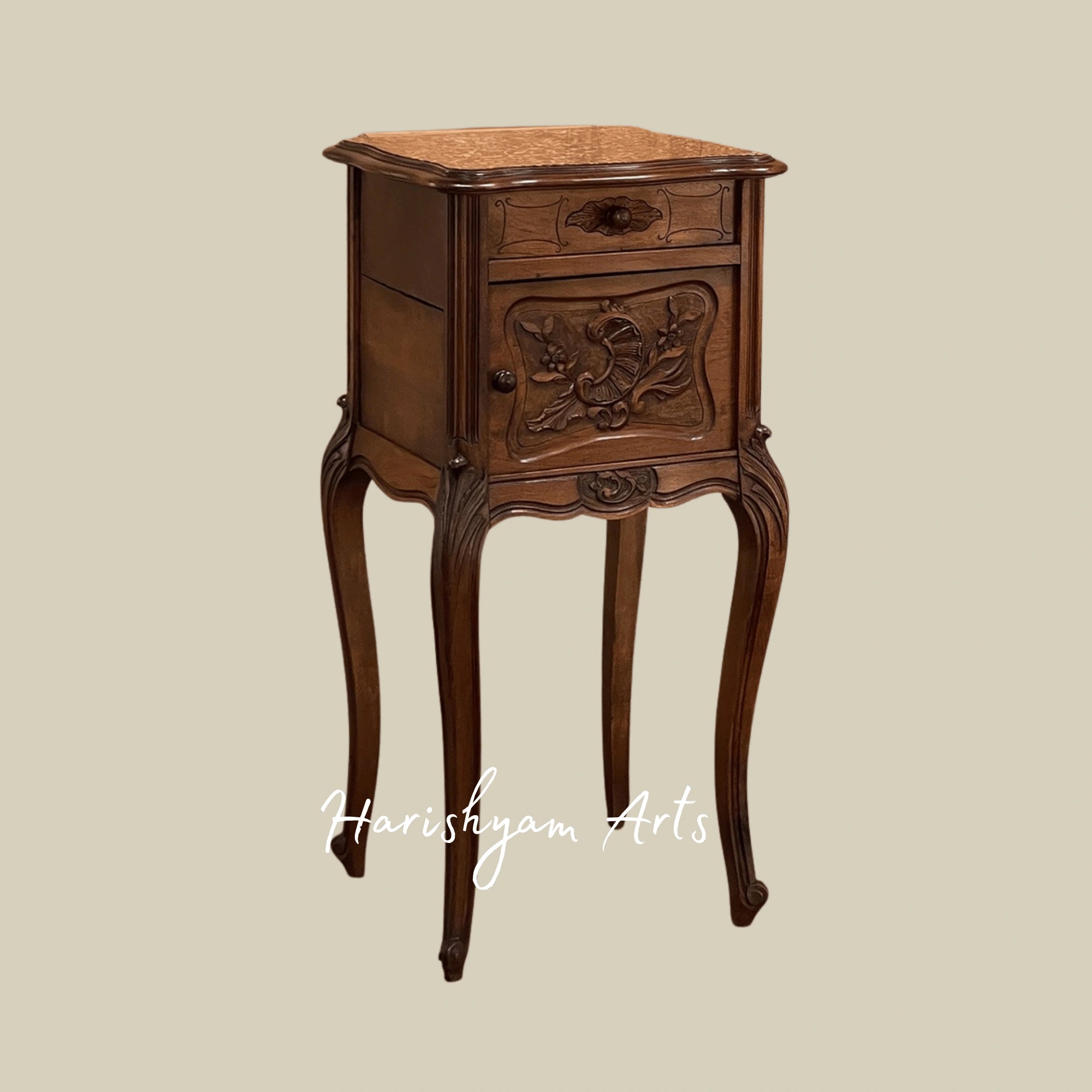 Antique Wooden Nightstand with Marble Top and Carved Details