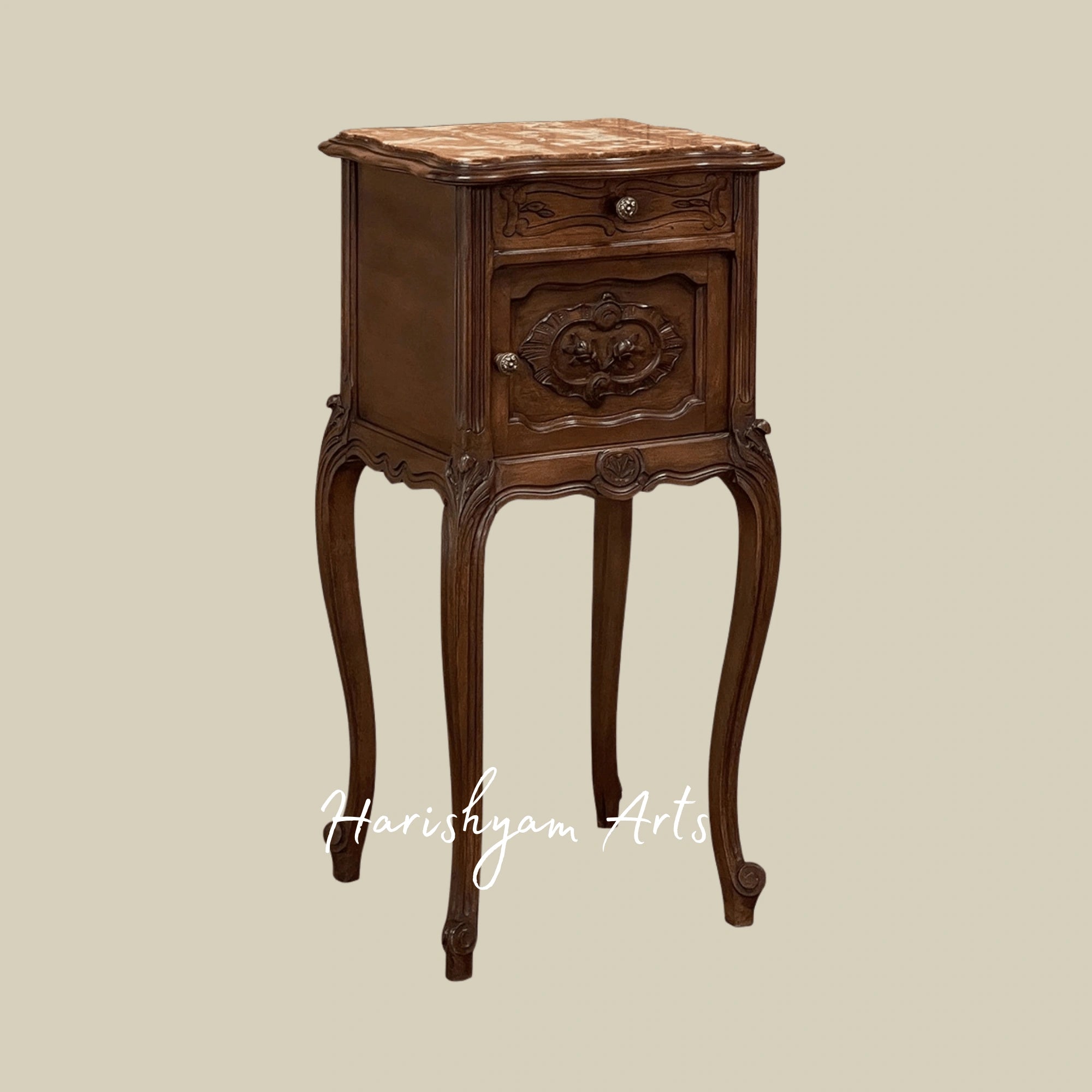 Antique Wooden Nightstand with Marble Top and Carved Details