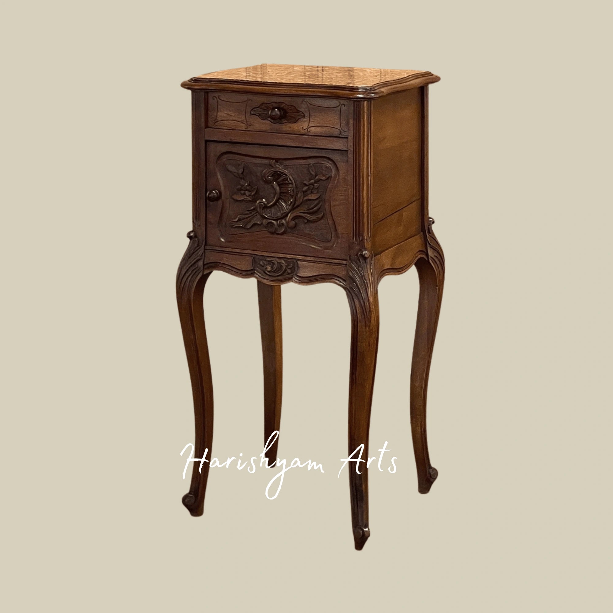Antique Wooden Nightstand with Marble Top and Carved Details