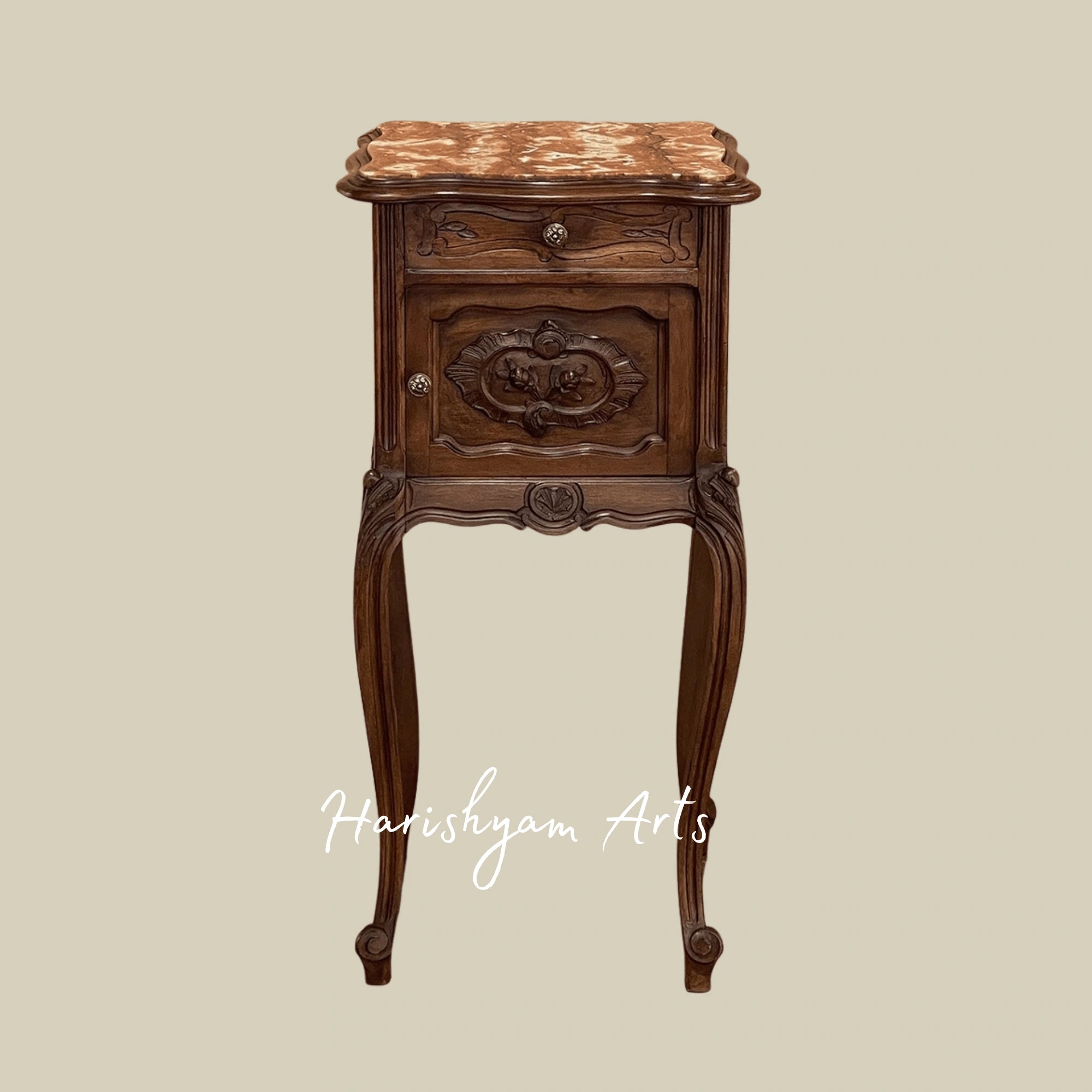 Antique Wooden Nightstand with Marble Top and Carved Details