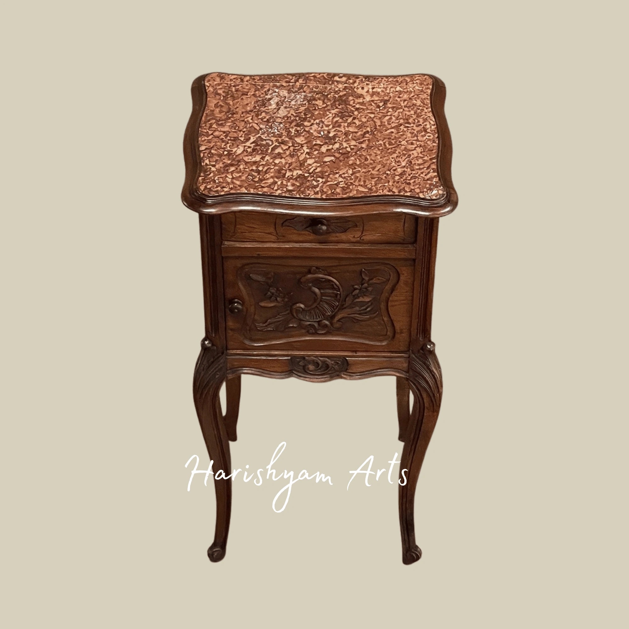 Antique Wooden Nightstand with Marble Top and Carved Details