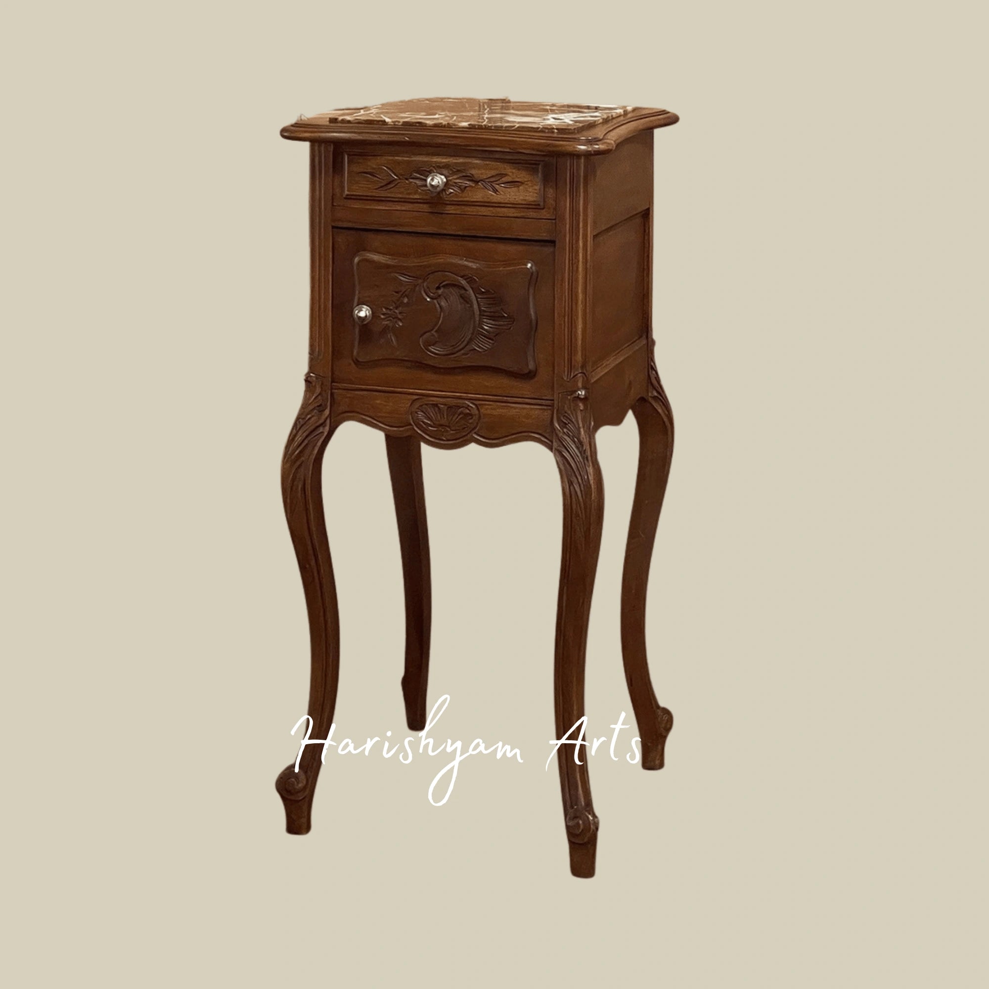 Antique Wooden Nightstand with Marble Top and Carved Details