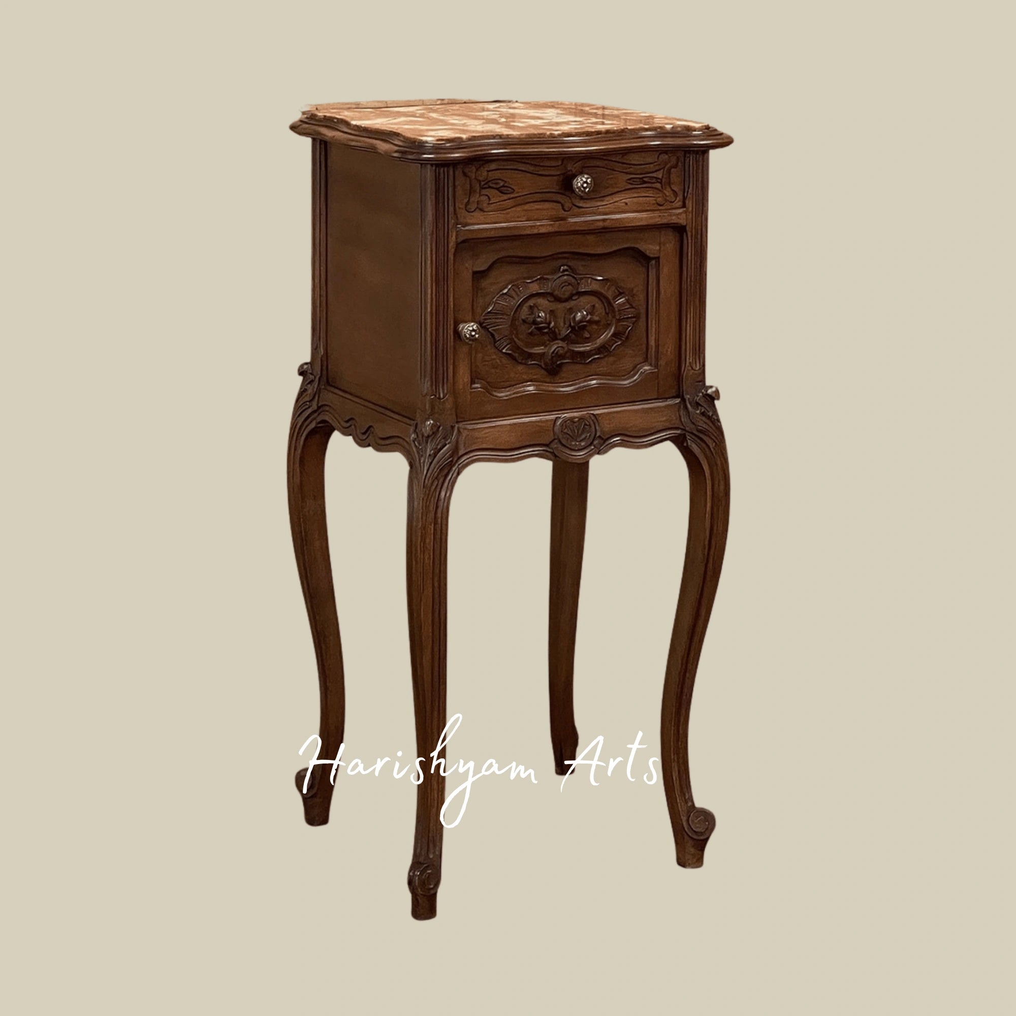 Antique Wooden Nightstand with Marble Top and Carved Details