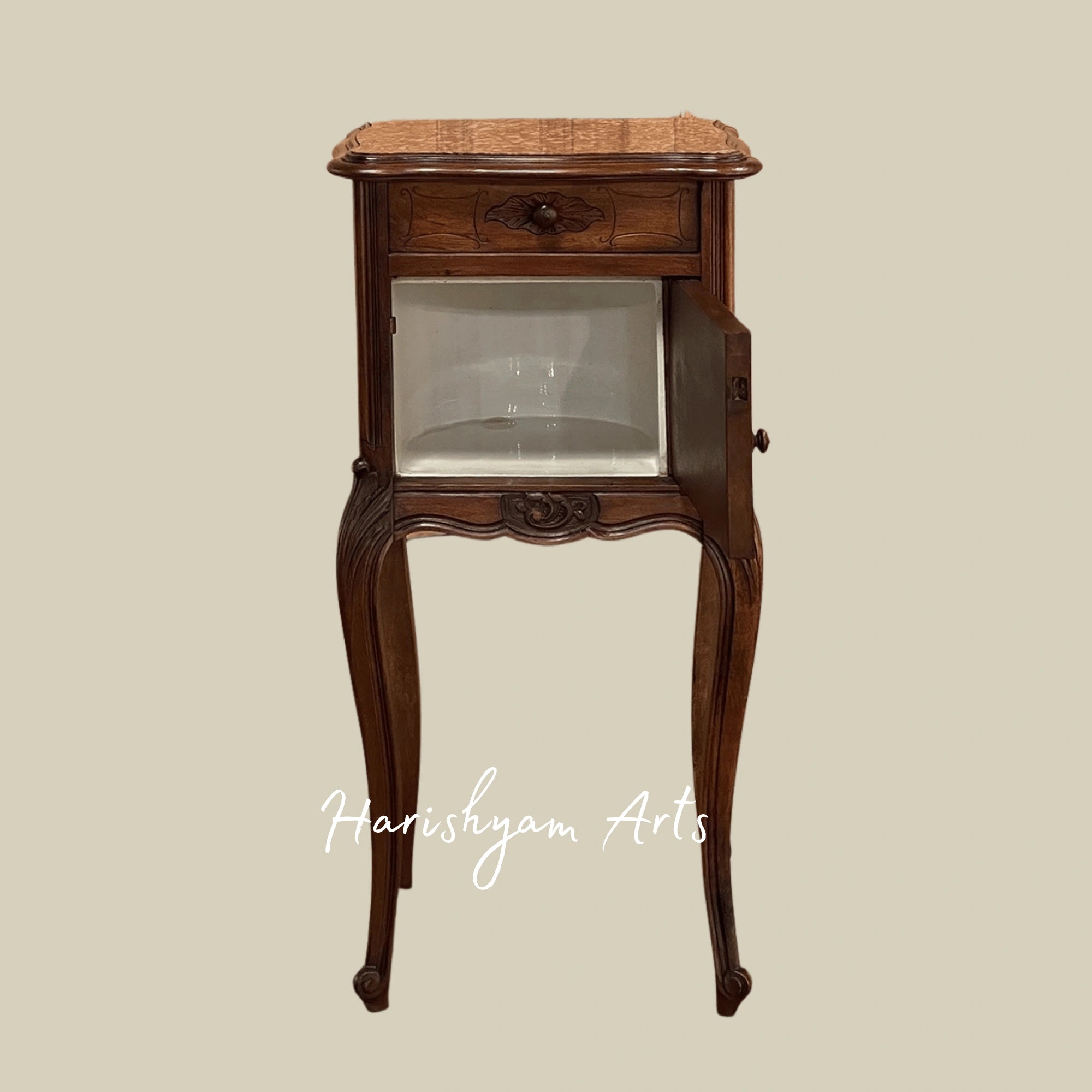 Antique Wooden Nightstand with Marble Top and Carved Details