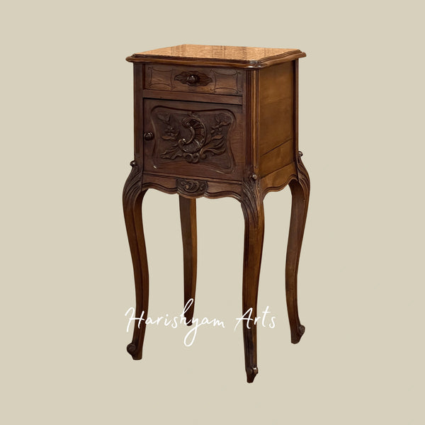 Antique Wooden Nightstand with Marble Top and Carved Details