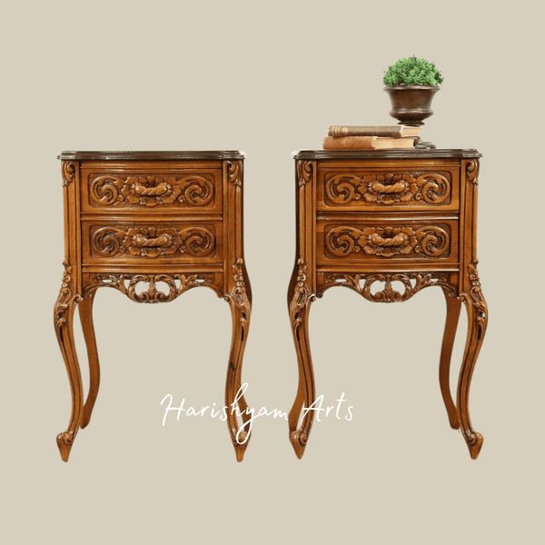 Antique Carved Wooden Nightstands with Drawers