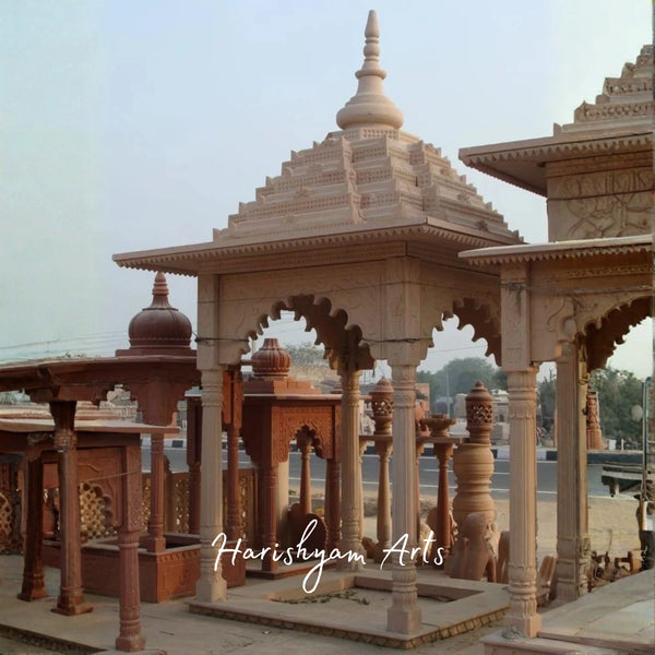 Architectural Sandstone Chhatri for Garden, Memorial, or Temple | Intricate Hand-Carved Stone Structure