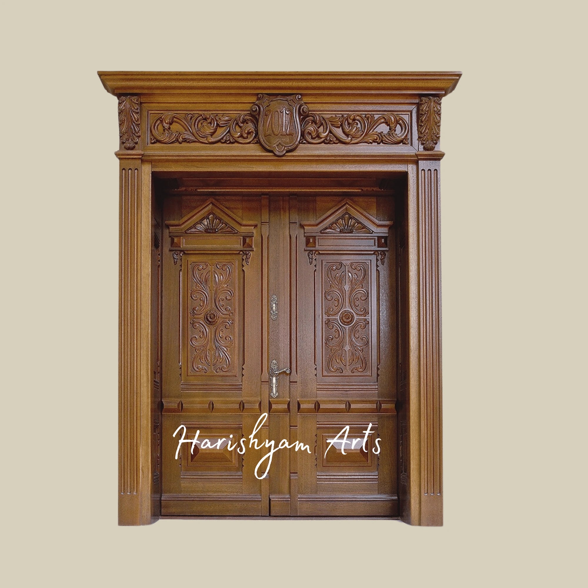 Aristocrat Classic Double Door – Ornate Solid Teak Main Entrance with Corinthian Motifs, Handcrafted Luxury Mansion Entry