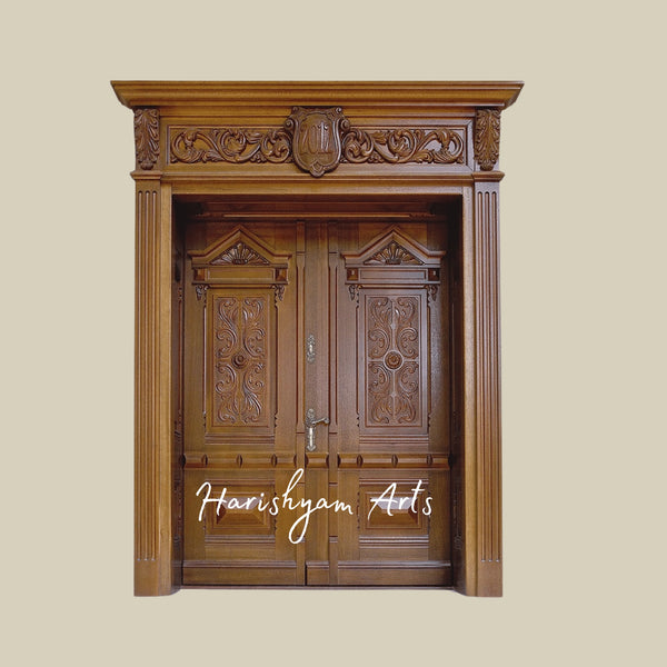 Aristocrat Classic Double Door – Ornate Solid Teak Main Entrance with Corinthian Motifs, Handcrafted Luxury Mansion Entry