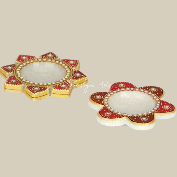 Artistic Floral Marble Diya with Stone Inlay