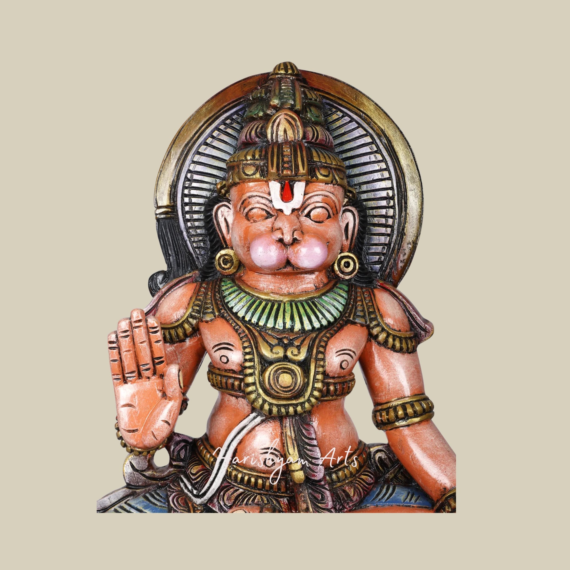 36" Ashirvad Anjaneya Hanuman Painted Wood Sculpture 