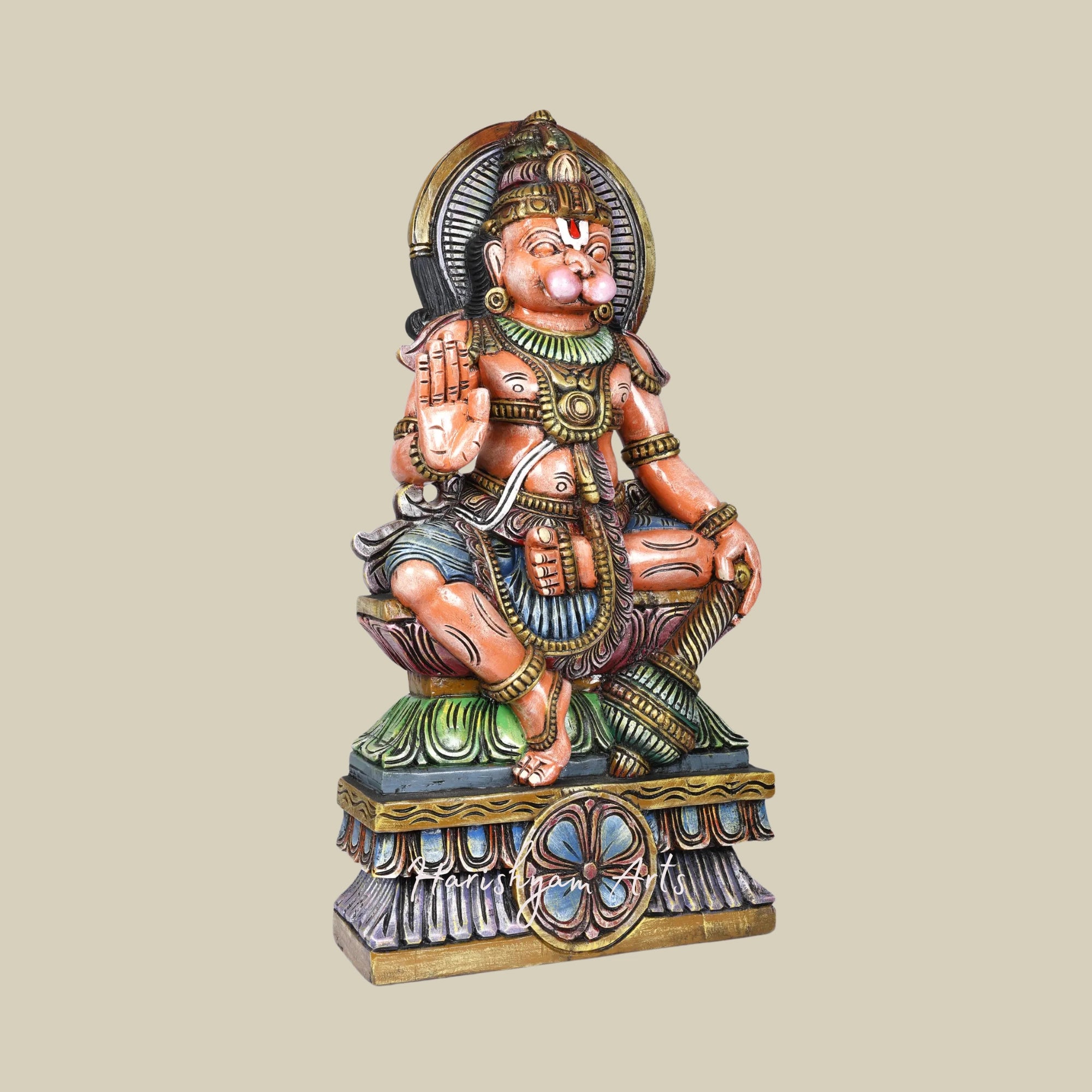 36" Ashirvad Anjaneya Hanuman Painted Wood Sculpture 4