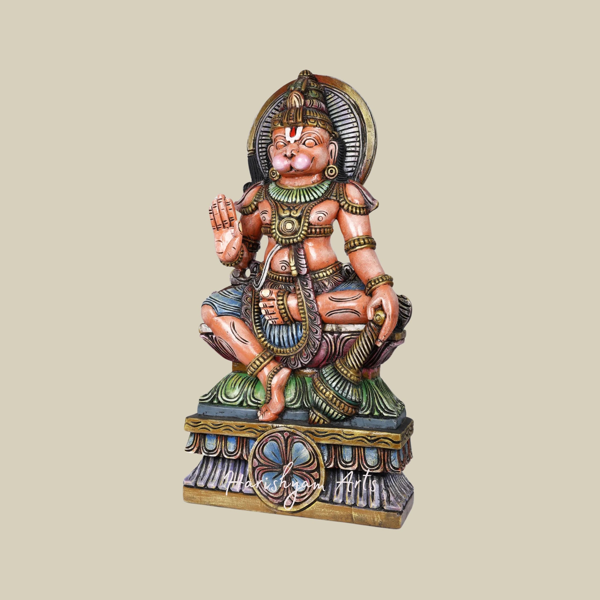 36" Ashirvad Anjaneya Hanuman Painted Wood Sculpture 5