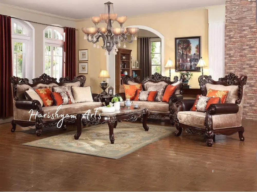 Beige Chenille Victorian Sofa Set with Dark Carved Wood