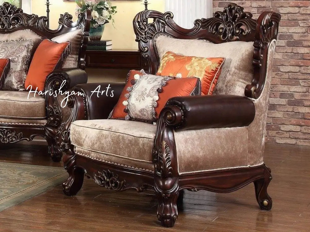 Beige Chenille Victorian Sofa Set with Dark Carved Wood