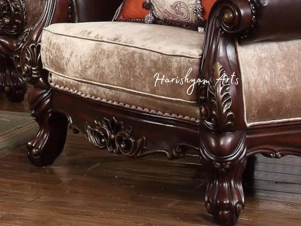 Beige Chenille Victorian Sofa Set with Dark Carved Wood