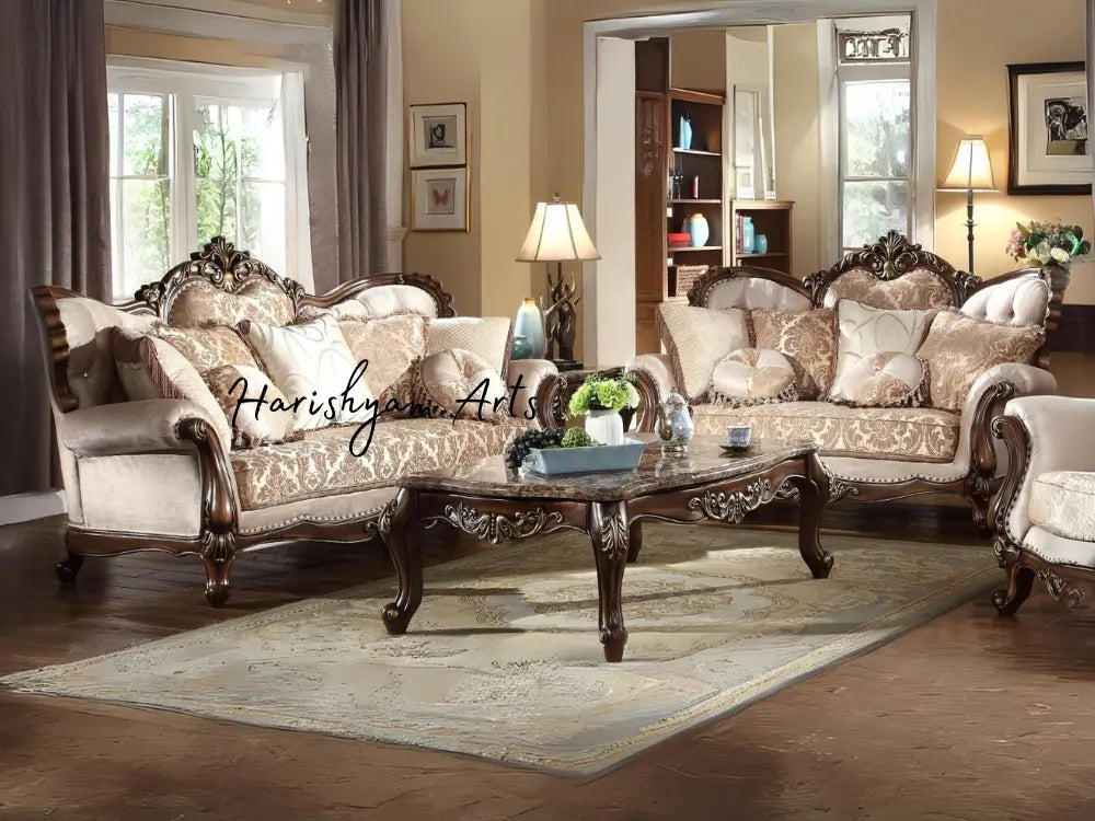 Beige and Gold Chenille Victorian Sofa Set