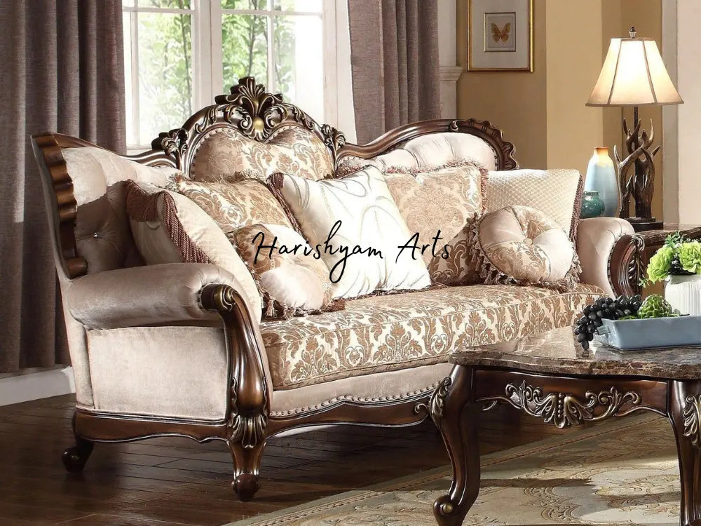 Beige and Gold Chenille Victorian Sofa Set