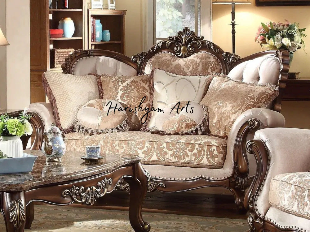 Beige and Gold Chenille Victorian Sofa Set