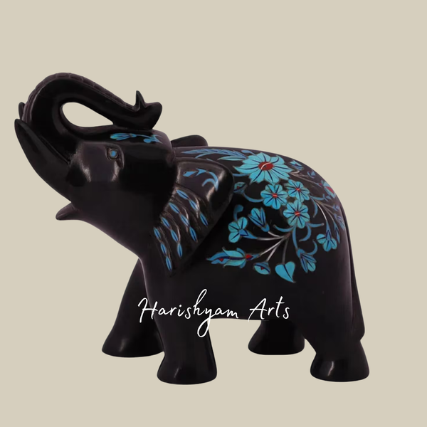 Black Marble Elephant Statue with Up Trunk and Turquoise Stone Inlay