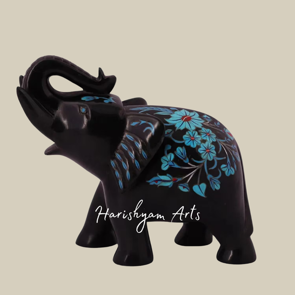 Black Marble Elephant Statue with Up Trunk and Turquoise Stone Inlay