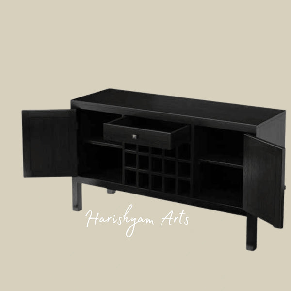 Black Wooden Bar Cabinet with Glass and Bottle Storage