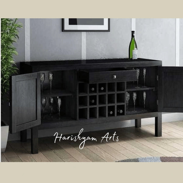 Black Wooden Bar Cabinet with Glass and Bottle Storage