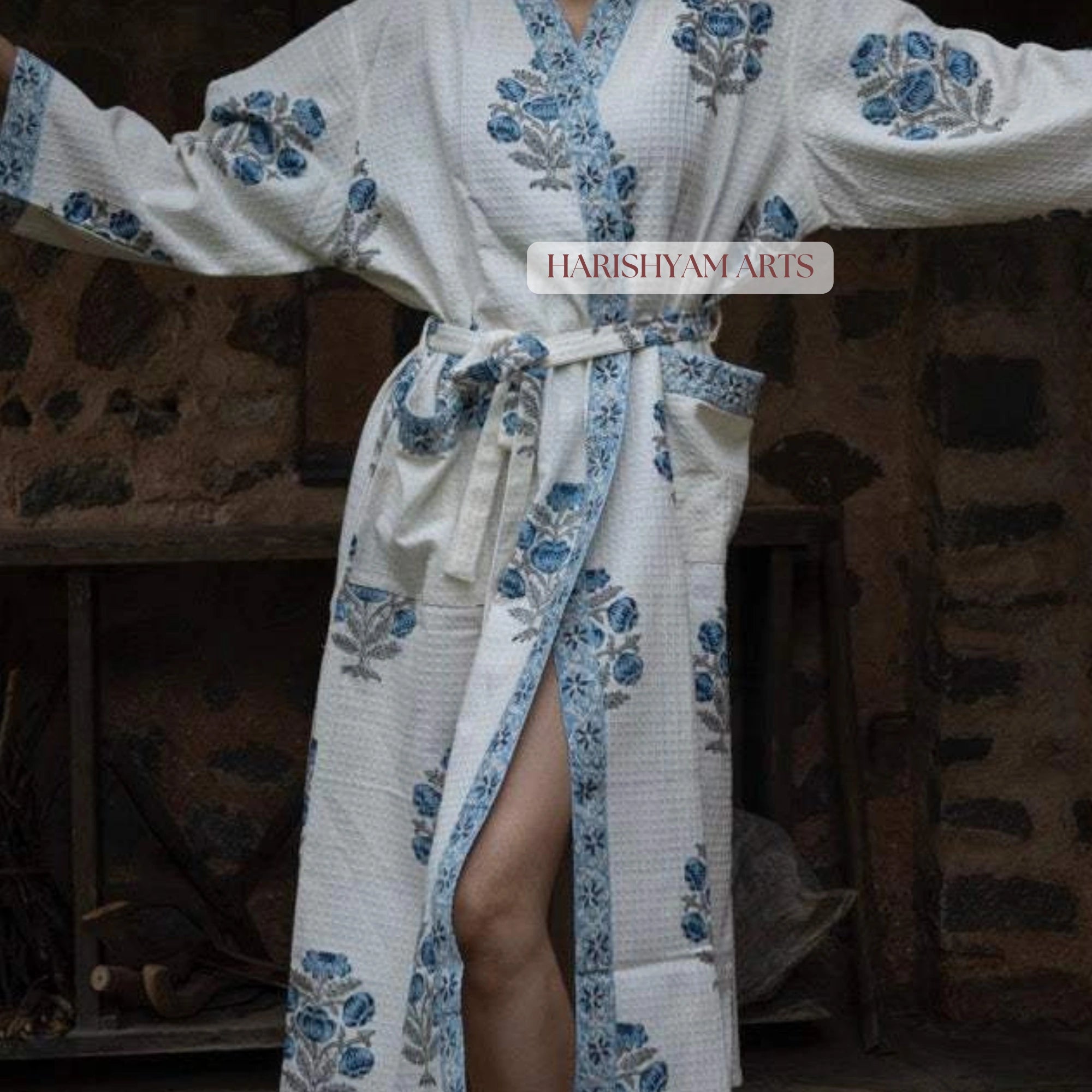 Blue Blossom Hand Printed Cotton Bathrobe