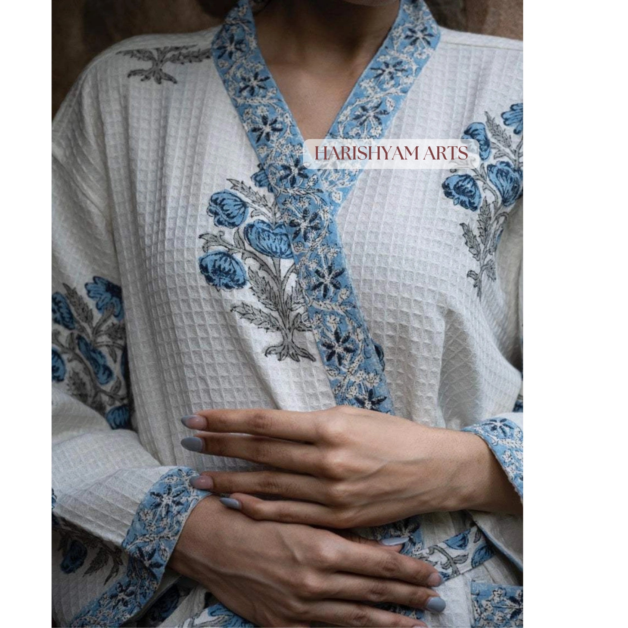Blue Blossom Hand Printed Cotton Bathrobe