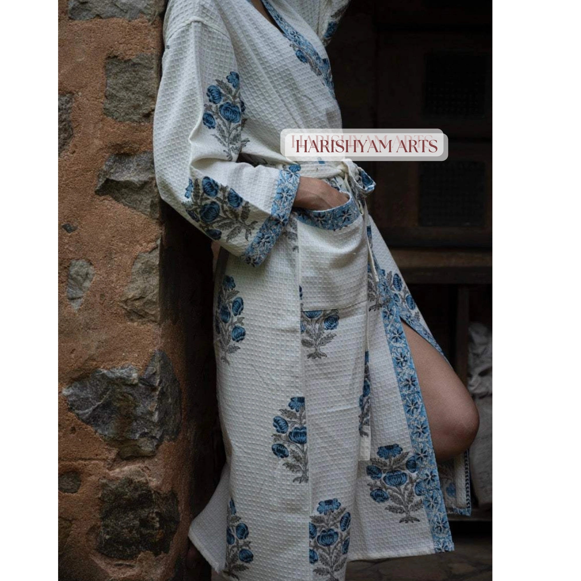 Blue Blossom Hand Printed Cotton Bathrobe